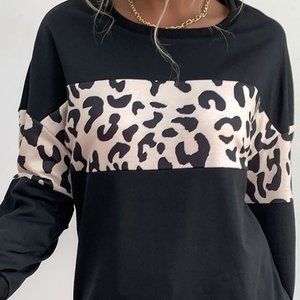 Leopard Color Block Long Sleeve Pullover